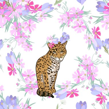 Çiçekler ve hayvanlarla geçmişe dönük illüstrasyon