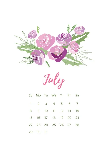 Bedruckbarer Kalender 2018 mit hübschen bunten Blumen — Stockvektor