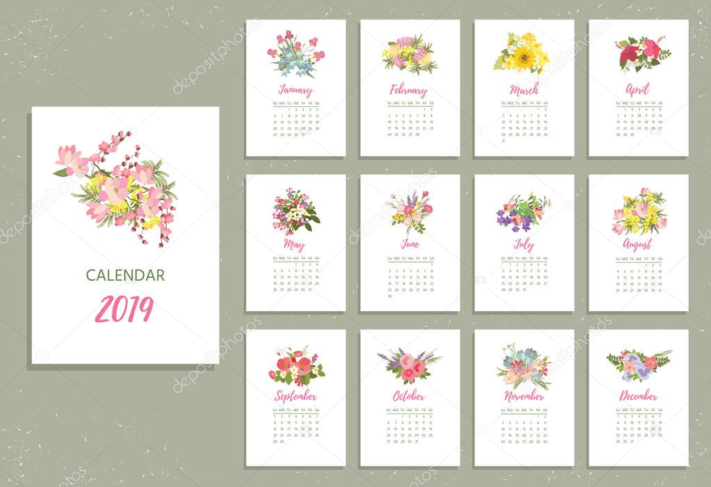 Printable 2019 Calendar with pretty colorful flowers
