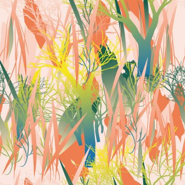 Ağaçlar, dallar, çimenler ve suluboya lekeli askeri kamuflaj dokusu.