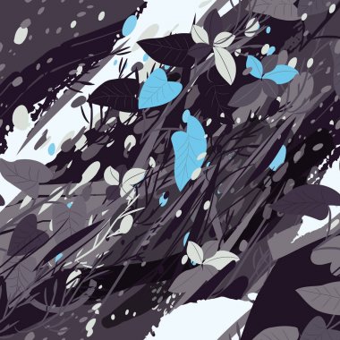 Ağaçlar, dallar, çimenler ve suluboya lekeli askeri kamuflaj dokusu.