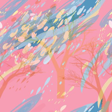 Ağaçlar, dallar, çimenler ve suluboya lekeli askeri kamuflaj dokusu.