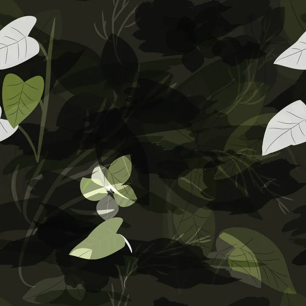 Militaire camouflage textuur met bomen, takken, gras en aquarelvlekken — Stockvector