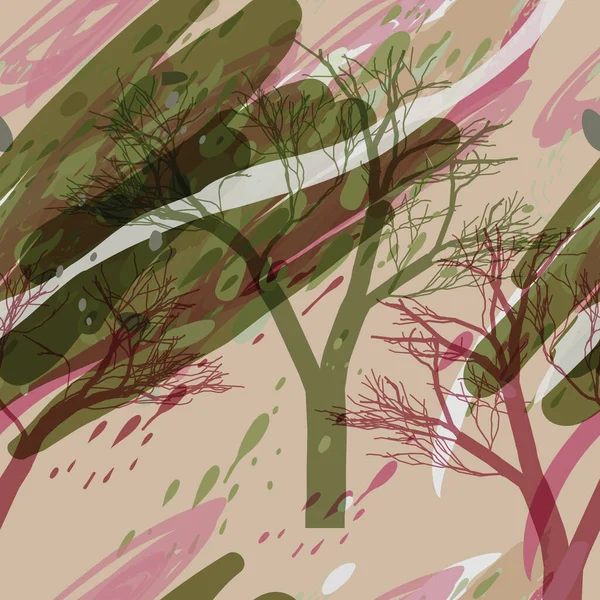 Военная камуфляжная текстура с деревьями, ветвями, травой и акварелью — стоковый вектор