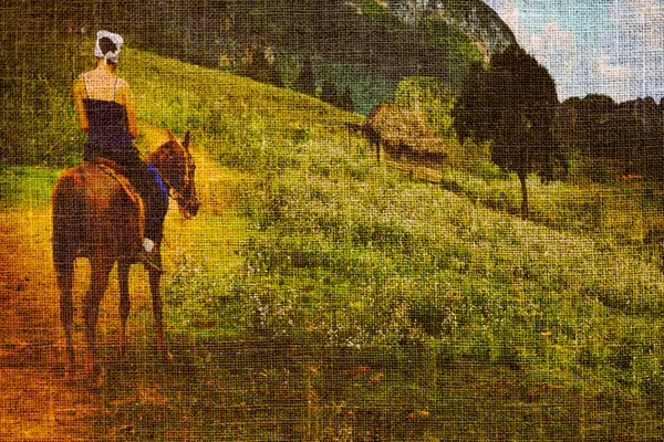 Ткань Юной Леди Сидящей Лошади Прекрасный Вид Природу — стоковое фото