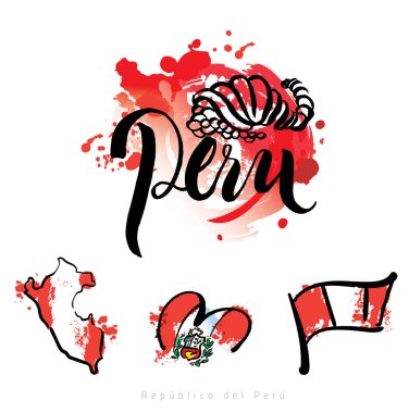 Peru hand lettering and colorful watercolor clipart