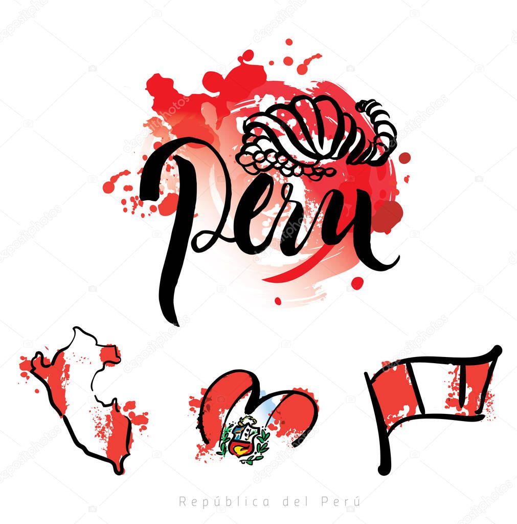 Welcome to Peru hand lettering and colorful watercolor elements background. Vector illustration hand drawn isolated