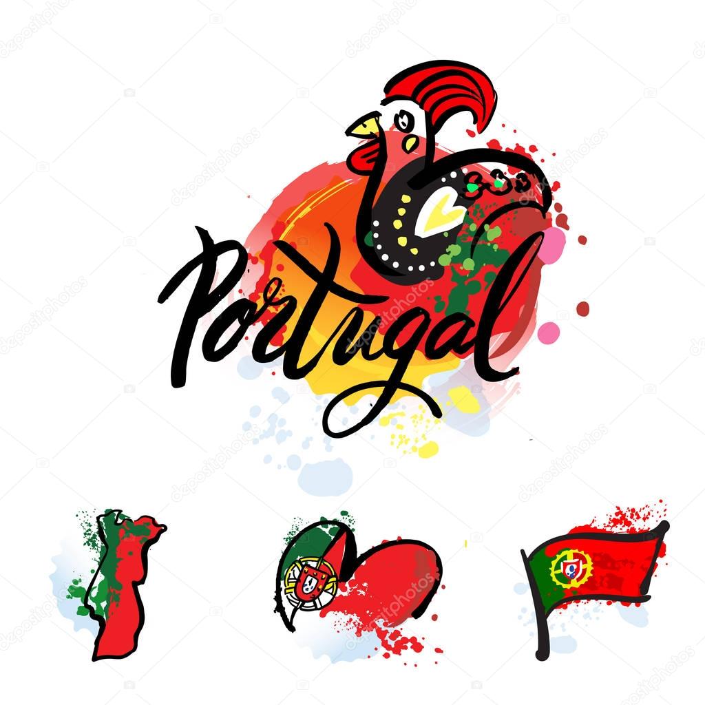 Portugal The Travel Destination logo . Illustration of decorated Barcelos rooster symbol. hand-drawn lettering with watercolor elements
