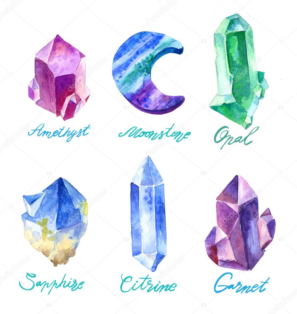 Big set of crystals in watercolor. Stones of amethyst and glass polygons, pebbles and other hand made.Illustration in indie style isolated on white background