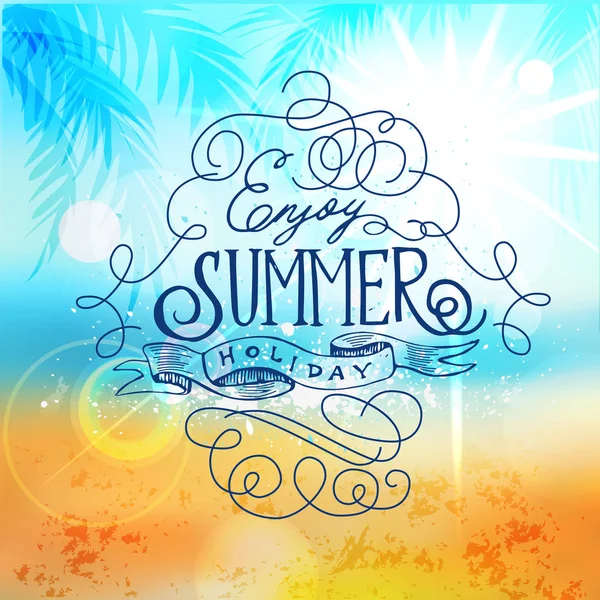 Aproveite as férias de verão, Beach Poster. Borrão abstrato da costa do mar disparado no modo manual com Bokeh — Vetor de Stock