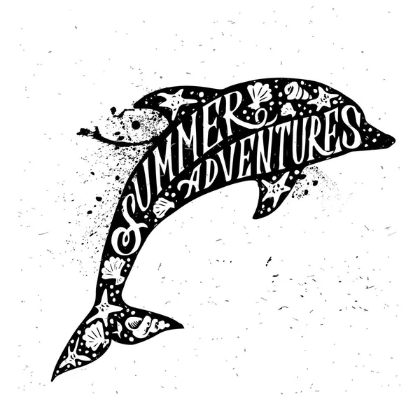 Etichetta vintage traforata a mano, distintivo retrò con illustrazione vettoriale delfino — Vettoriale Stock