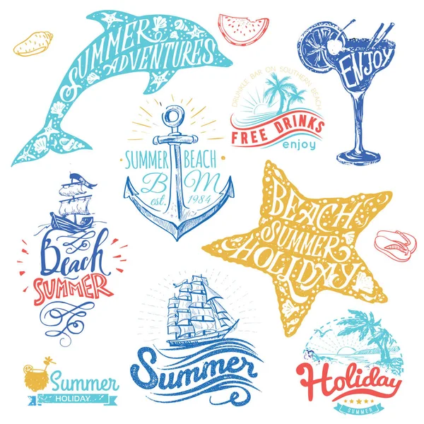 Conjunto de cintas de acuarela dibujadas a mano y pegatinas de verano. Ilustraciones vectoriales para vacaciones de verano — Vector de stock