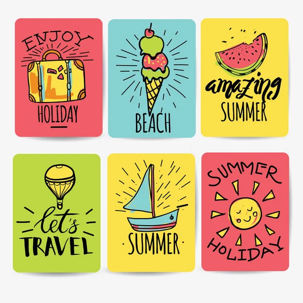 一整套手绘水彩色带和贴纸的夏天。矢量插图的暑假 — 图库矢量图片