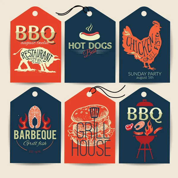 Barbecue partij stickers BBQ-menu sjabloonontwerp instellen. Voedsel flyer. Typograohic label met de hand getekende illustratie — Stockvector