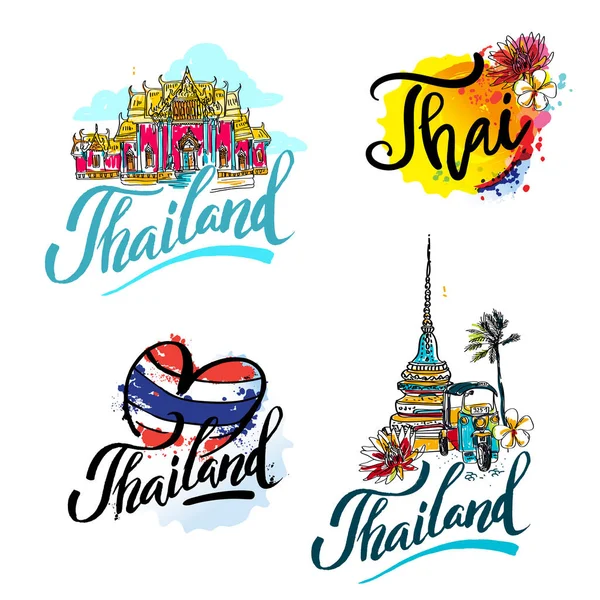 Векторні ілюстрації з боку звернено елементи для поїздки в Таїланд, концепція подорожі до Таїланду. Написи логотип набору — стоковий вектор