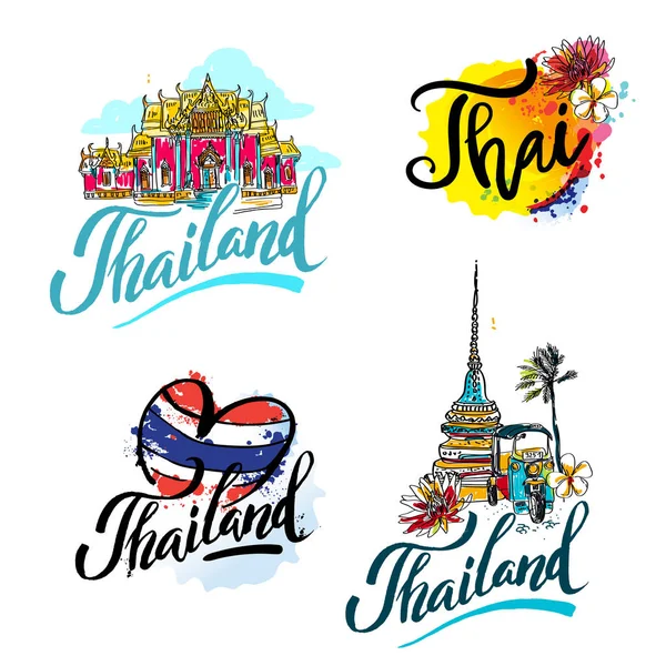 En vektorillustration av hand dras element för resor till Thailand, konceptet resor till Thailand. Bokstäver logotyp set — Stock vektor