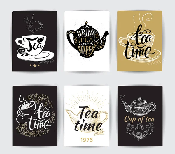 Set von Teekannen-Silhouetten mit Zitaten. Tee-Party-Set. Teezeit. Tasse Tee. Teeplakate und Drucke. Vektor-Illustration. — Stockvektor