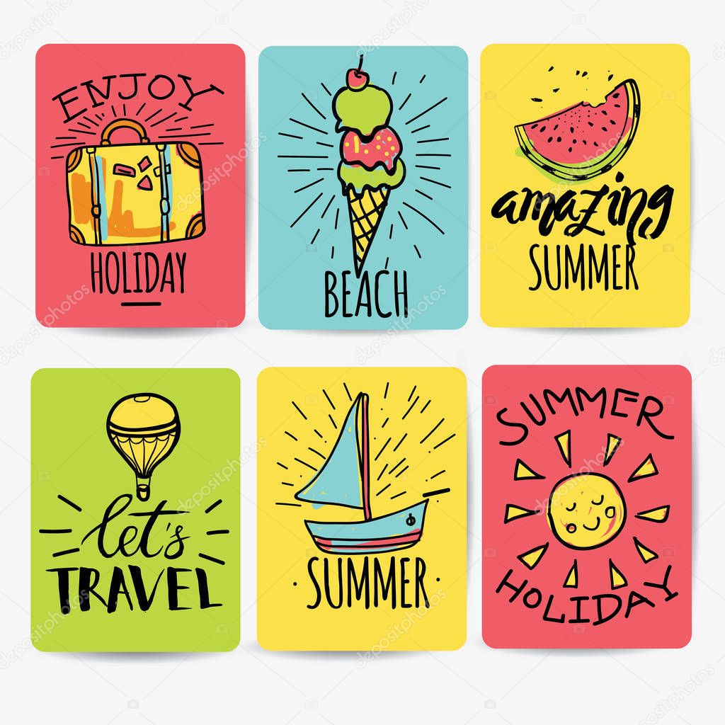 Set of hand drawn watercolor ribbons and stickers of summer. Vector illustrations for summer holiday