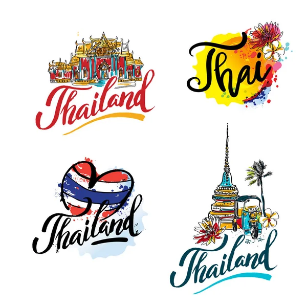 Une illustration vectorielle d'éléments dessinés à la main pour voyager en Thaïlande, concept Voyage en Thaïlande. Ensemble logo lettrage — Image vectorielle