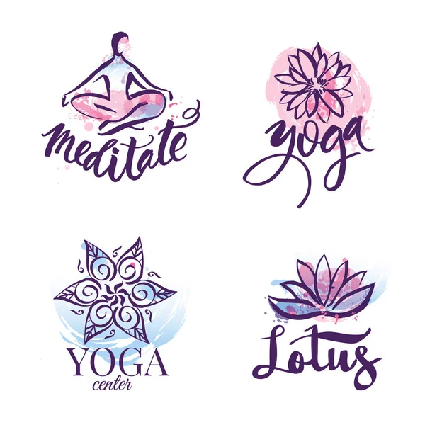 Набор студии йоги и логотипа класса медитации, иконок и элементов дизайна. Элементы дизайна для здоровья, спорта и фитнеса — стоковый вектор
