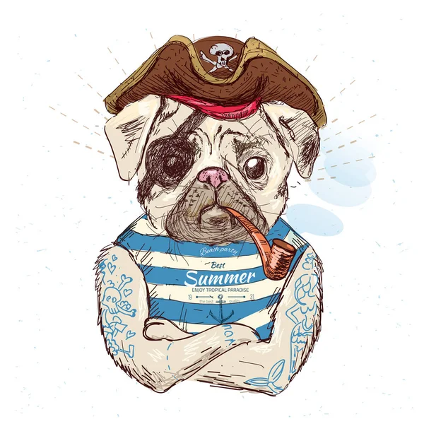 Illustrazione del cane carlino pirata .on sfondo blu in eps10 vettore — Vettoriale Stock
