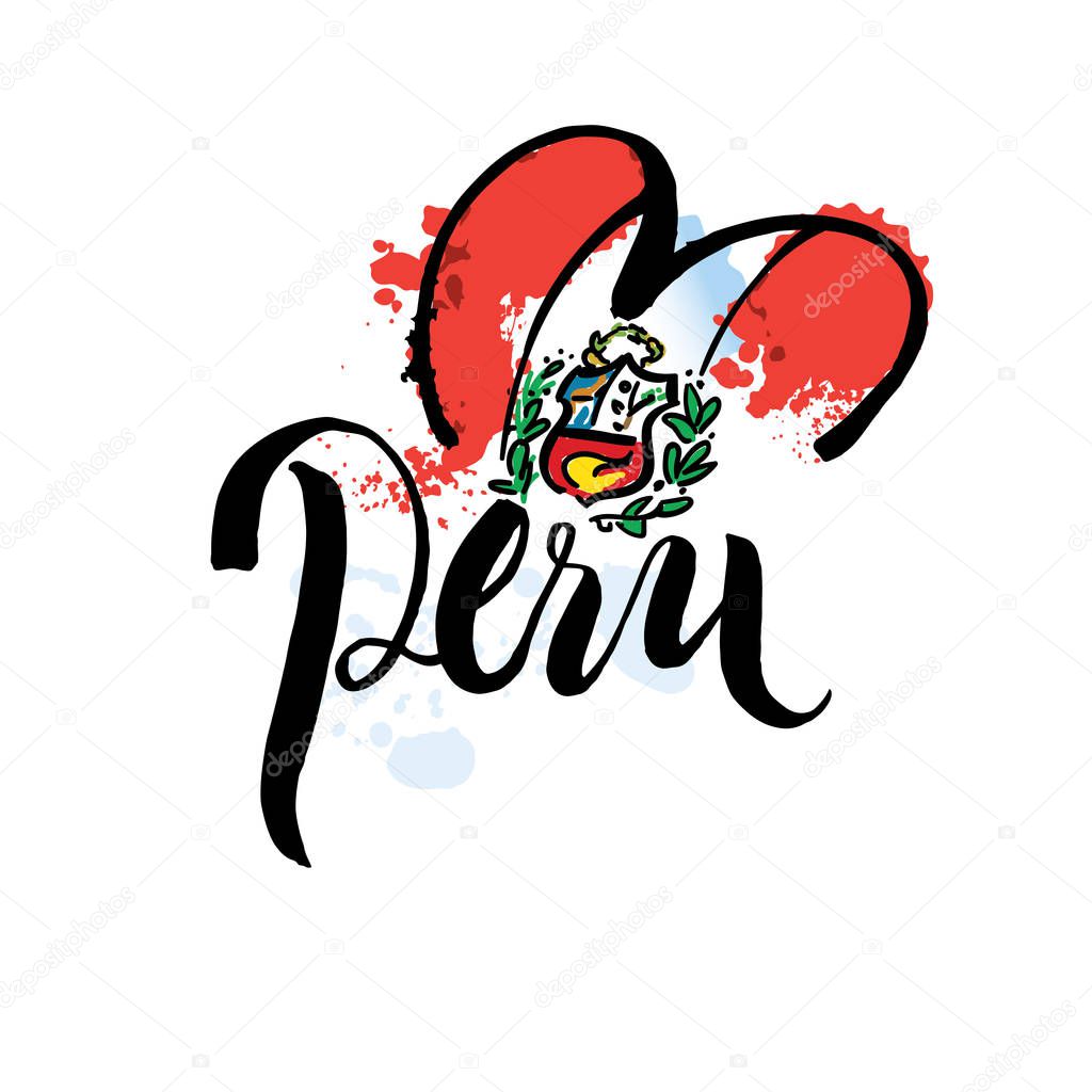 Welcome to Peru hand lettering and colorful watercolor elements background. Vector illustration hand drawn isolated