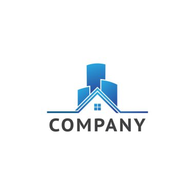 Emlak Şirketi Logo Tasarım Şablonu, Mavi Ev ve Bina Konsepti. İnşaat elemanı, apartman dairesi, apartman dairesi, kare pencere şekli, kiralık, damgalama, logotip, kimlik. Temiz, modern ve zarif stil tasarımı, vektör projesi 10