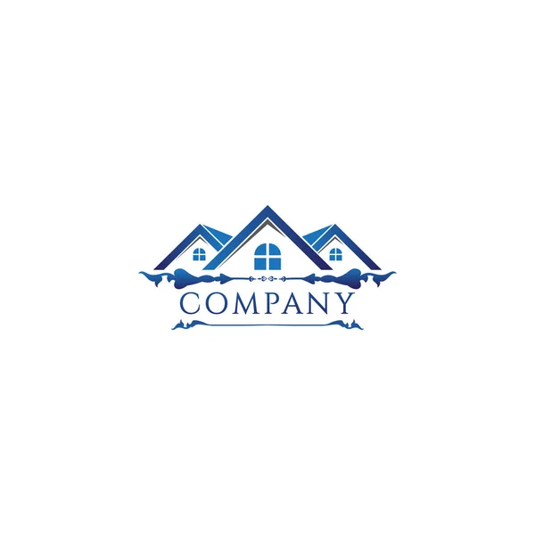 Blue Floral House Real Estate Logo Design Template Construction Company — Stock Vector