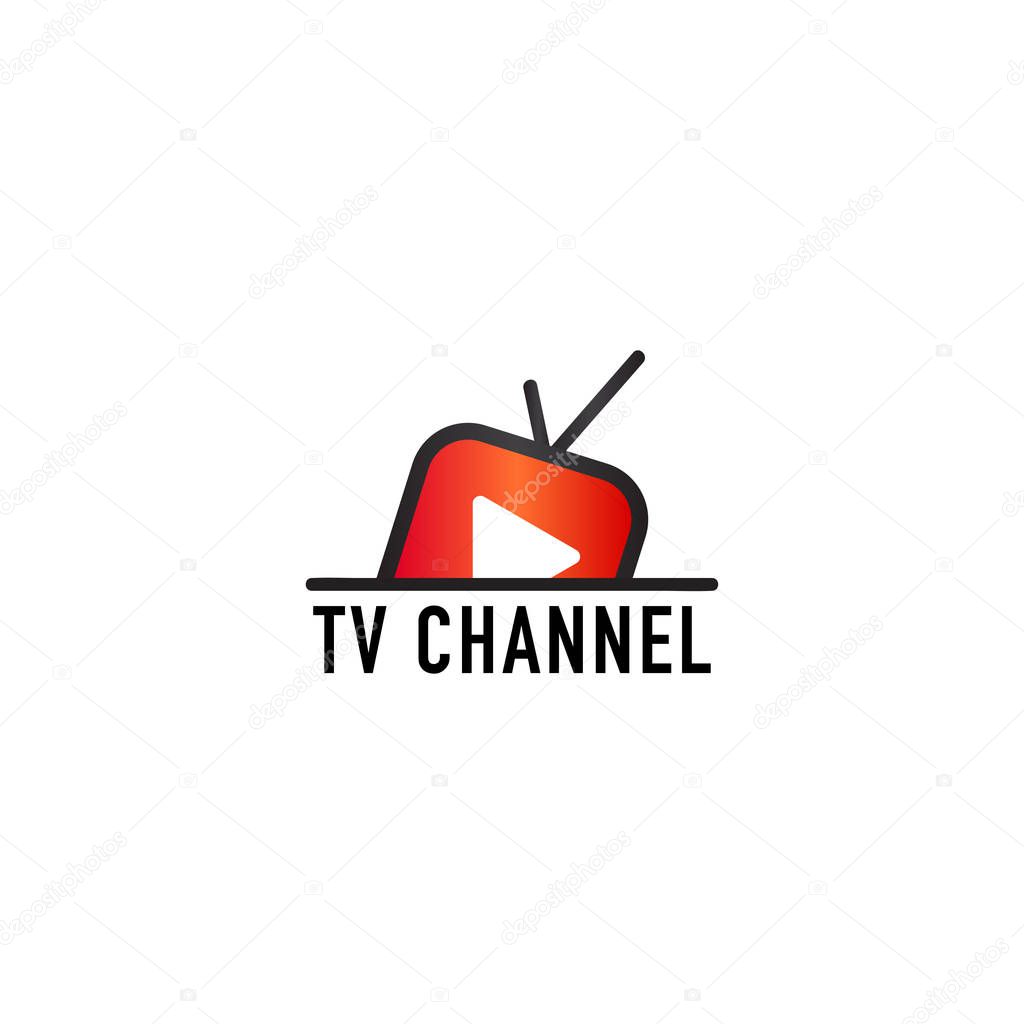 Online TV Channel Logo Design Template, Rise, Floating TV Concept, Rounded TV Icon, Live Streaming, Entertainment Company, Antenna, White Play Button, Red, Black, Vector Project EPS 10