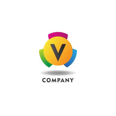 Letter V Cheerful Logo Concept, Colorful Alphabetical Logo Design Template, Green, Blue, Violet, Purple, Gradient, Ellipse Rounded Shape, Three Element