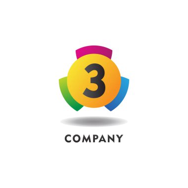 Number 3 Cheerful Logo Concept, Colorful Numeric Logo Design Template, Green, Blue, Violet, Purple, Gradient, Ellipse Rounded Shape, Three Element