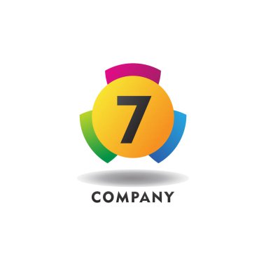 Number 7 Cheerful Logo Concept, Colorful Numeric Logo Design Template, Green, Blue, Violet, Purple, Gradient, Ellipse Rounded Shape, Three Element