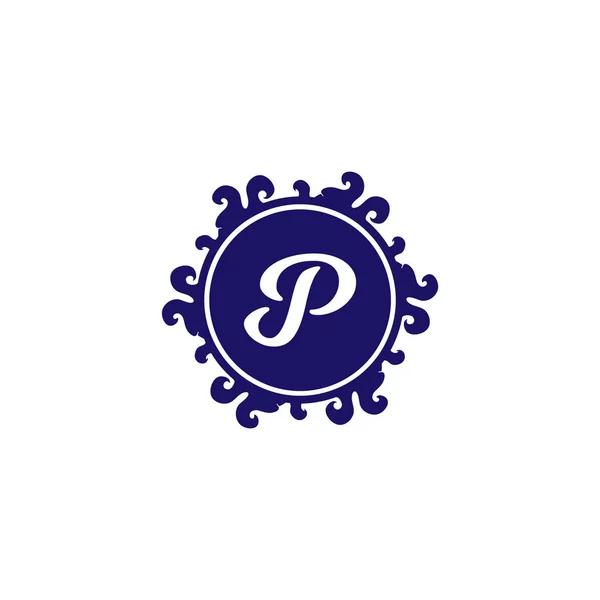 Letra P Logotipo alfabeto decorativo isolado no fundo branco, elegante Curl & Floral Logo Concept, Luxo Azul Inicial Abjad Logo Design Template. Projeto de arquivo EPS 10 —  Vetores de Stock