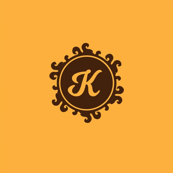 Letter K Decorative Alphabet Logo isolated on Orange Background, Elegant Curl & Floral Logo Concept, Brown Luxury Initial Abjad Logo Design Template. EPS 10 File Project — Stock Vector