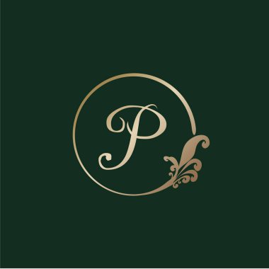 P harfi dekoratif alfabe logosu yeşil arka planda izole edildi. Lüks altın yüzük Abjad Logo Tasarım Şablonu. Zarif Curl & Çiçek Logosu Kavramı. Eps 10 Dosya Projesi