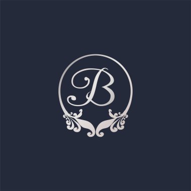 Letter B Decorative Crown Ring Alphabet Logo isolated on Navy Blue Background. Luxury Silver Initial Abjad Logo Design Template. Elegant Curl & Floral Logo Concept. EPS 10 File Project