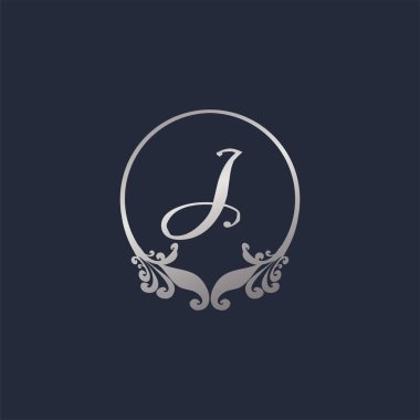 Letter J Decorative Crown Ring Alphabet Logo isolated on Navy Blue Background. Luxury Silver Initial Abjad Logo Design Template. Elegant Curl & Floral Logo Concept. EPS 10 File Project