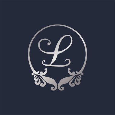 Letter L Decorative Crown Ring Alphabet Logo isolated on Navy Blue Background. Luxury Silver Initial Abjad Logo Design Template. Elegant Curl & Floral Logo Concept. EPS 10 File Project