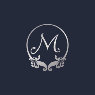 Letter M Decorative Crown Ring Alphabet Logo isolated on Navy Blue Background. Luxury Silver Initial Abjad Logo Design Template. Elegant Curl & Floral Logo Concept. EPS 10 File Project