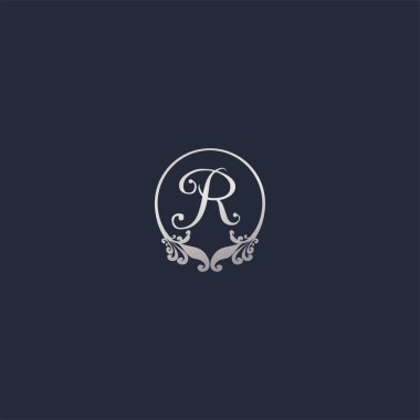 Letter R Decorative Crown Ring Alphabet Logo isolated on Navy Blue Background. Luxury Silver Initial Abjad Logo Design Template. Elegant Curl & Floral Logo Concept. EPS 10 File Project