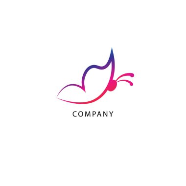 Beyaz arka planda izole edilmiş renkli soyut uçan kelebek logo tasarımı şablonu. Mor Magenta derecelendirme rengi. Güzellik ve moda ürünleri için uygun. Resim Logosu.