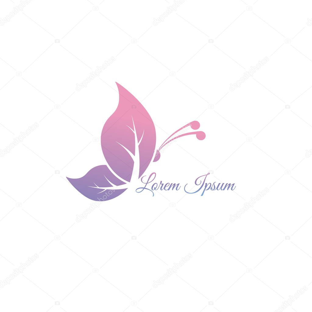 Abstract Flying Pinky Leaf Butterfly logo design template. Animal Logo Concept Isolated on white background. Colorful Pink Violet Gradation color. Suitable for beauty and fashion product. Pictorial Logotype.