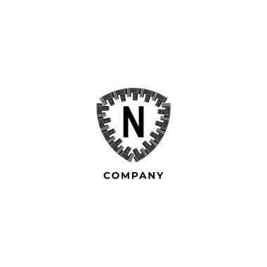Harf N Alfabe Logo Tasarım Şablonu beyaz arkaplanda izole edildi. Sigorta, Güvenlik, Koruma Logosu Konsepti. Şehir kalkanı illüstrasyonu. 