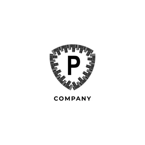 文字Pアルファベットロゴデザイン白い背景に隔離されたテンプレート 町のシールドイラスト セキュリティ 保護のロゴコンセプト — ストックベクタ
