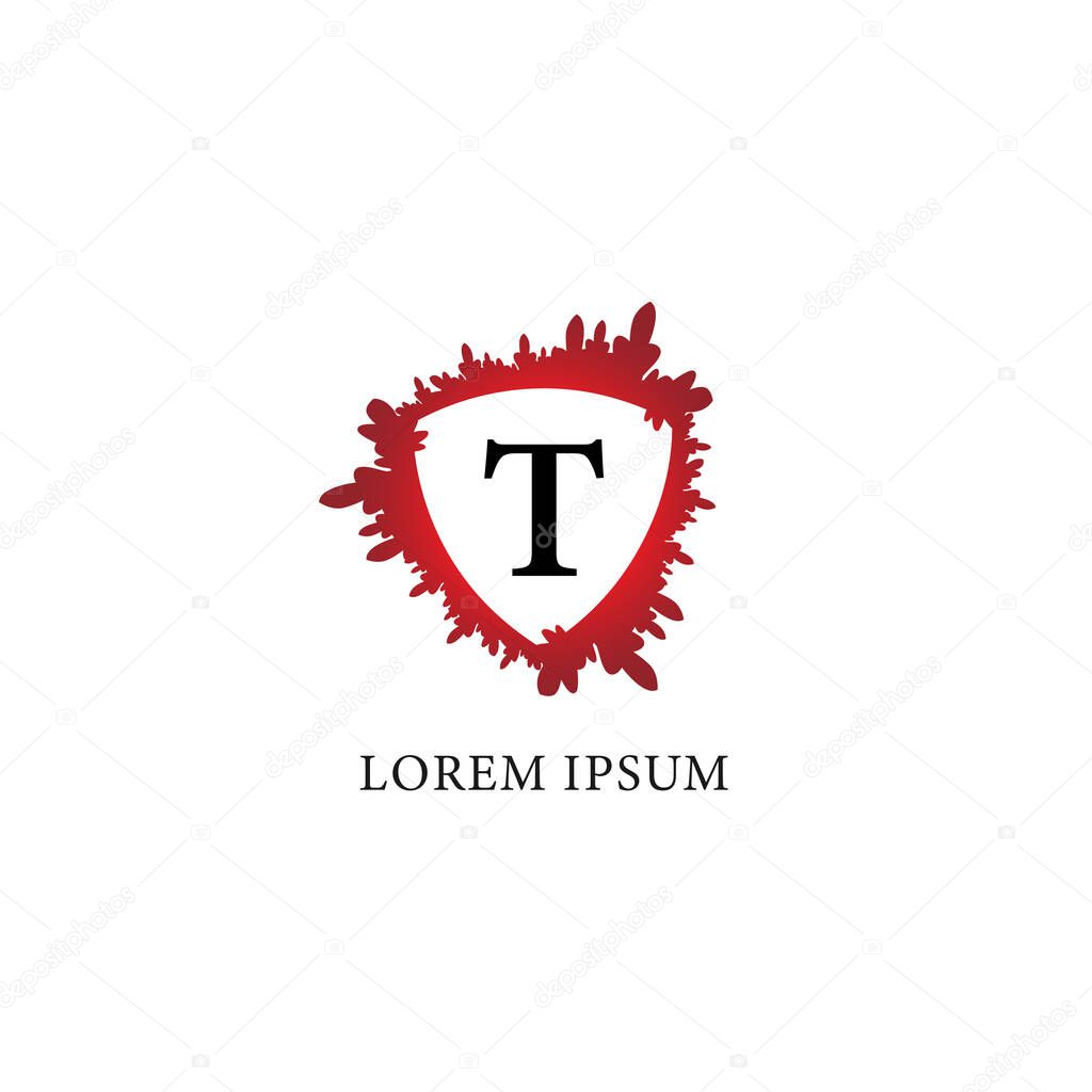 Letter T alphabet logo design template. Splash of blood with shield shape in the midle. Insurance, Protection, horror, security. Initial abjad logo concept. Isolated on white background.