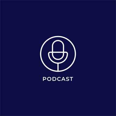 Podcast logo tasarım şablonu koyu mavi arkaplanda izole edildi. Taslak logo tarzı. Resim logosu. Yoğunlaştırıcı mikrofon simgesi. Radyo istasyonu.