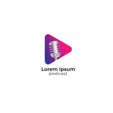 Renkli podcast logo tasarım şablonu. Metalik retro mikrofon çizimi, arkasında da çalma düğmesi şekli var. Yayın, Sunucu, Sunucu, Sunucu, Radyo İstasyonu, Stand up komedisi.
