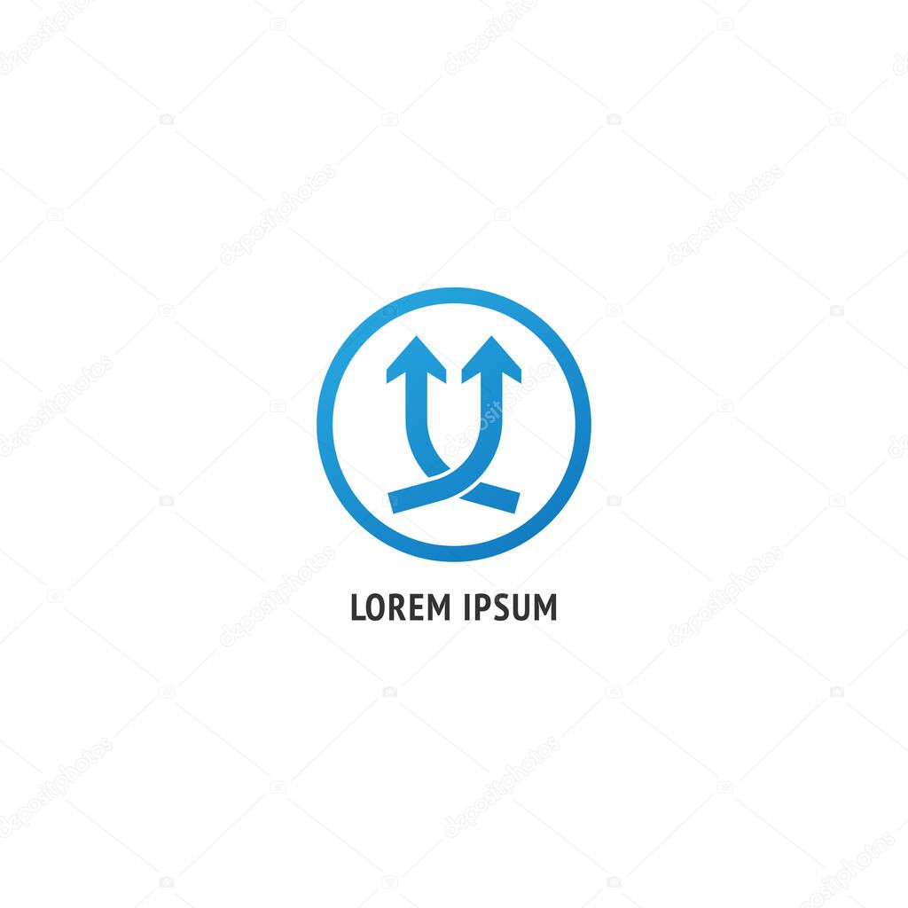 Twin blue up arrow icon with round frame isolated on white background. Company logo design template. Successful progress or grow up next level vector illustration. Improvement, Speed, achievement