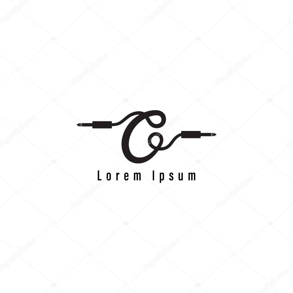 Cable Jack vector illustration forming letter C Alphabet. Audio equipment logo design template, sound system, instrument. Black and White