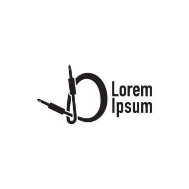 Kablo Jack vektör illüstrasyonu D harfini oluşturuyor. İlk Abjad Şirketi logosu. Ses ekipmanı logosu tasarım şablonu, ses sistemi, enstrüman. Siyah ve Beyaz